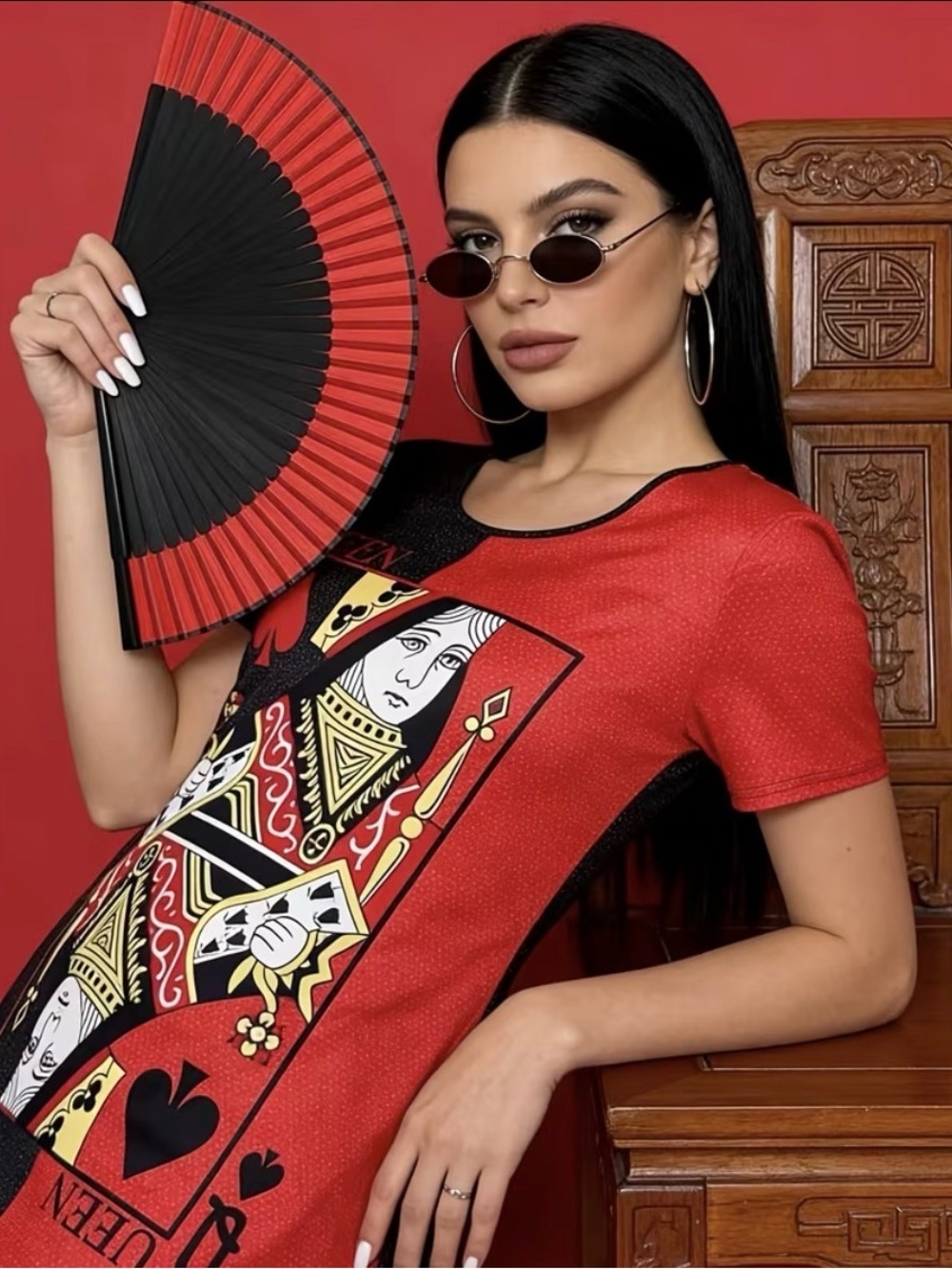 Plus Size 3X (fits 1-2X) Queen of Spades Red & Black Graphic Tunic Tshirt Dress - Picture 8 of 8